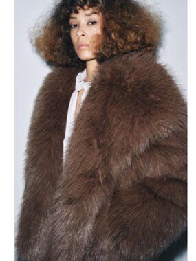 NWT ZARA ZW COLLECTION FAUX FUR SHORT COAT SZ S BROWN